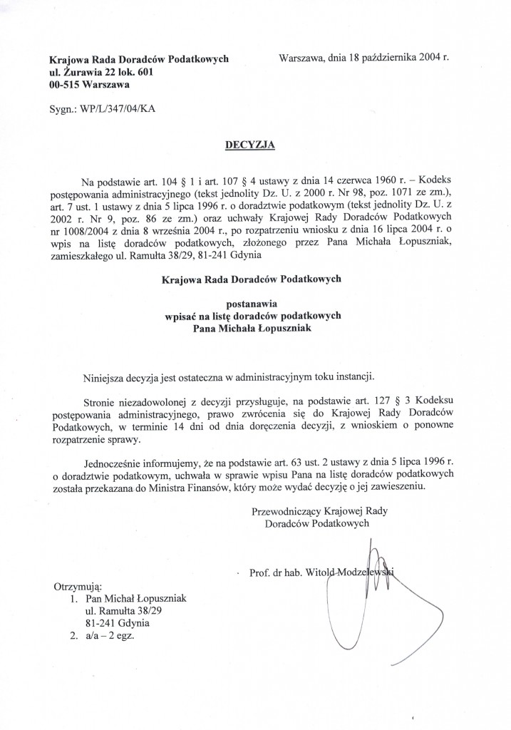 decyzja wpis na listę doradców podatkowych Michał Łopuszniak